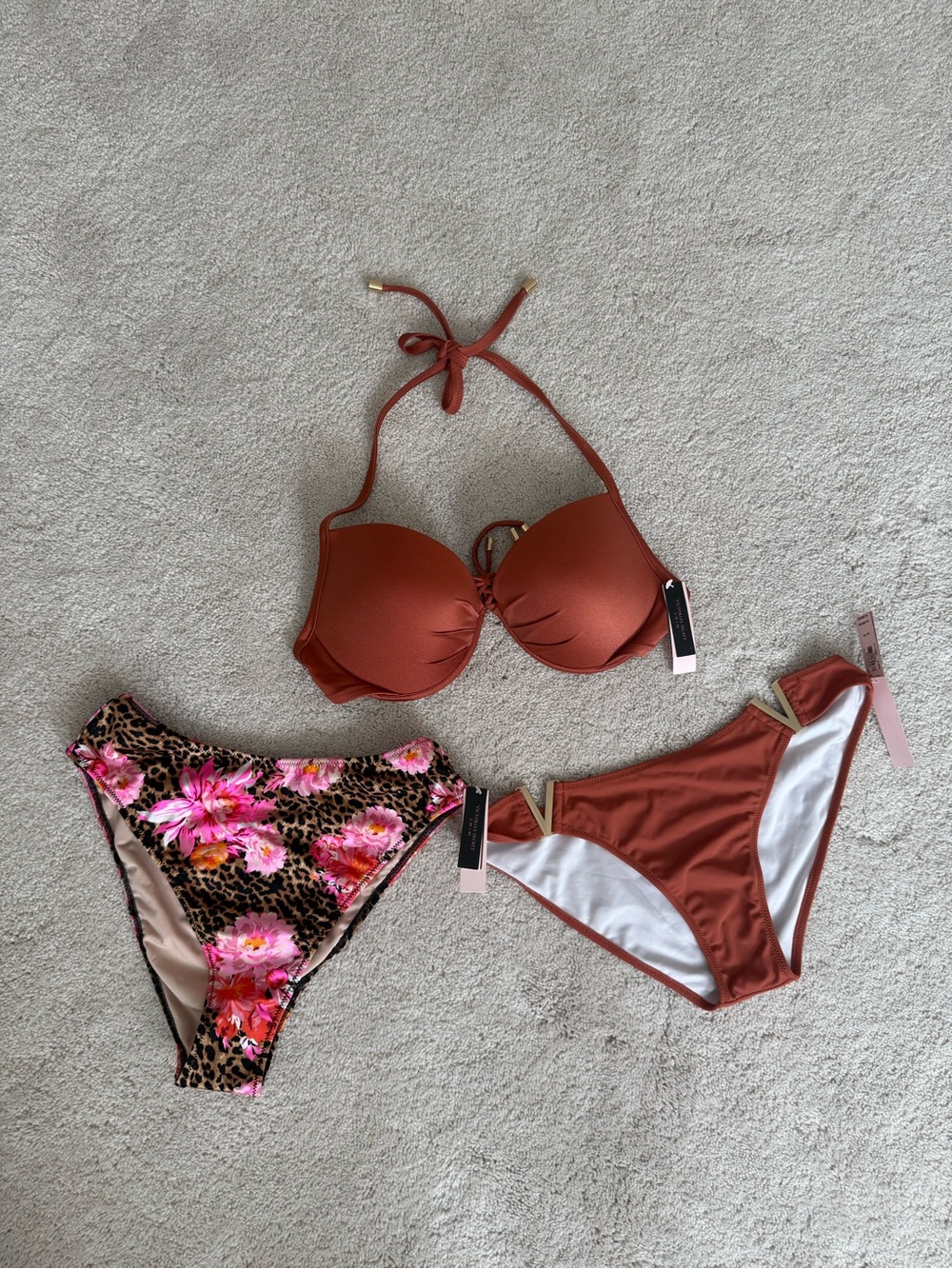 Victoria's Secret Rust Halter Bikini Top with Floral Leopard & Rust Bottoms